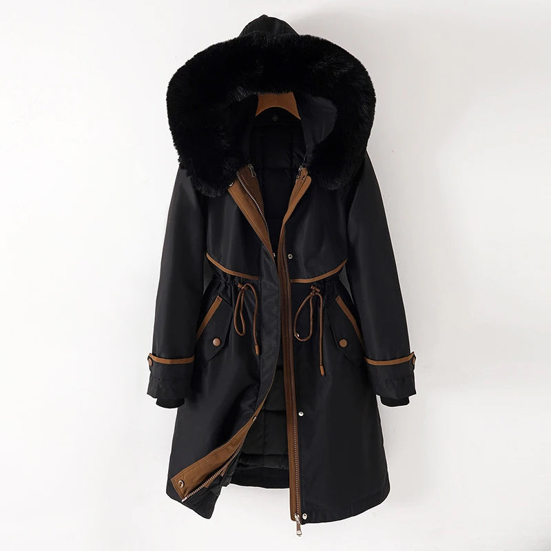 Giacca Parka Invernale da Donna con Cappuccio in Pelliccia e Coulisse in Vita