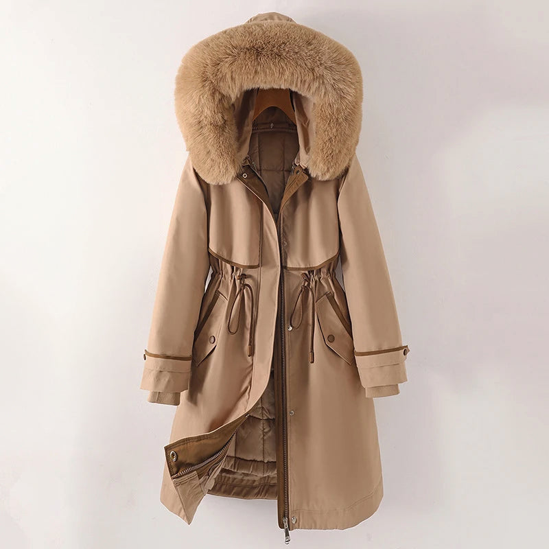 Giacca Parka Invernale da Donna con Cappuccio in Pelliccia e Coulisse in Vita