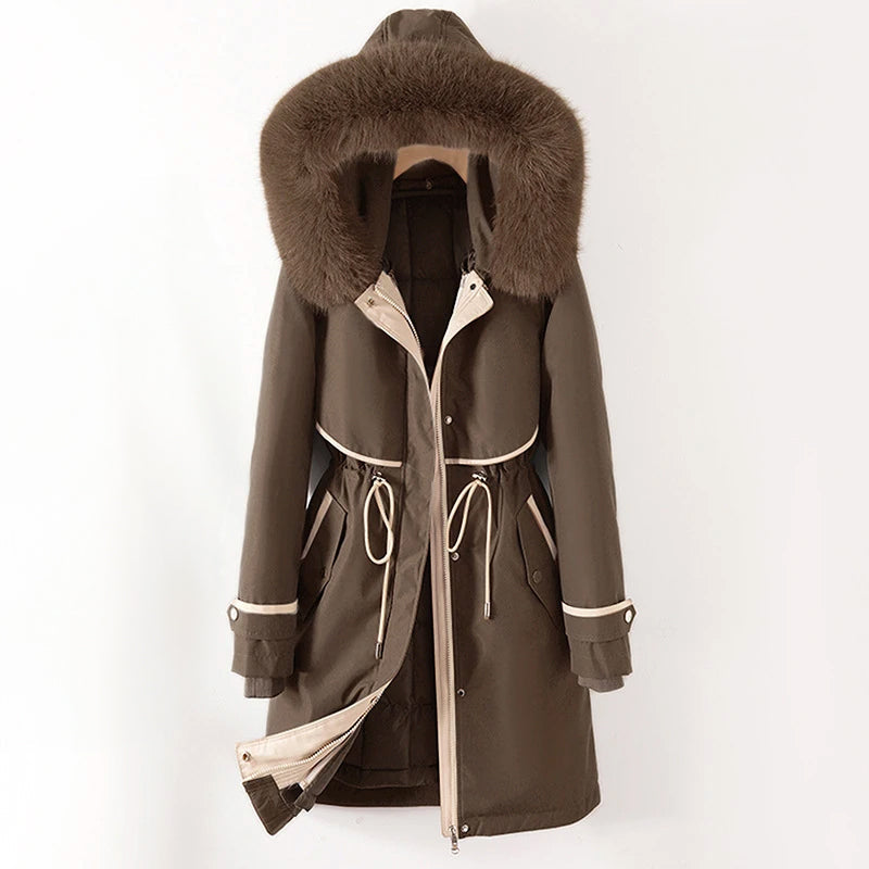 Giacca Parka Invernale da Donna con Cappuccio in Pelliccia e Coulisse in Vita